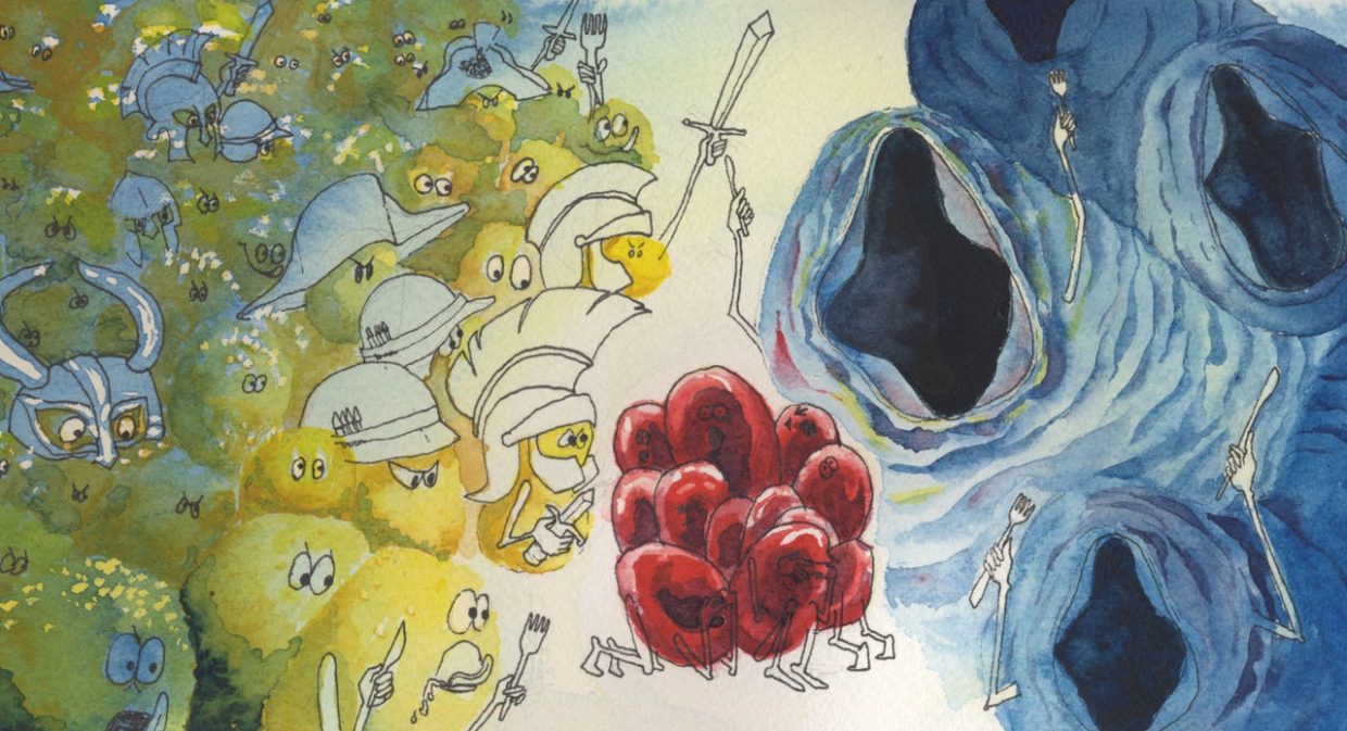 "a watercolour of helminths and malaria doing battle". Photo credit: Matilda Luk