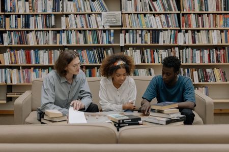 A photo showing three university students sitting together on a sofa in a library and studying. From left to right: a white man with shoulder length brown hair wearing a blue shirt, a black woman with an afro wearing a multi-coloured headband and a white shirt, and a black man in a turquoise t shirt. The three figures are looking at a collection of books on a coffee table.