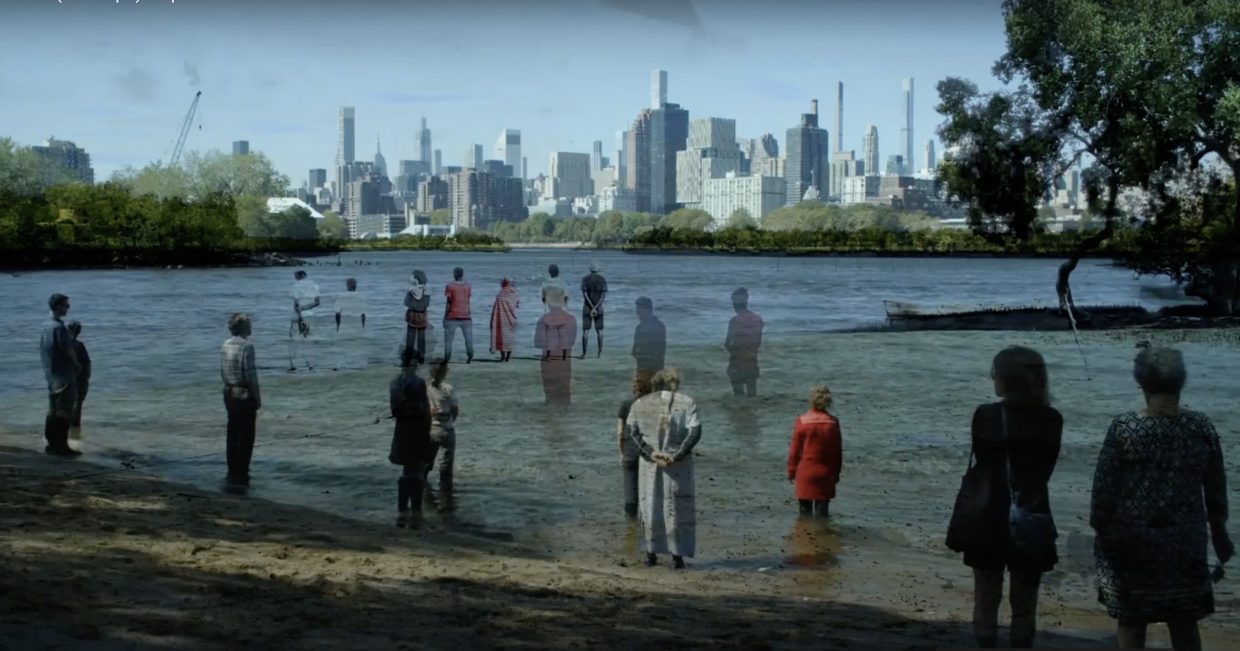 Sarah Cameron Sunde’s 36.5 / New York Estuary, 2022, courtesy of the artist. Screenshot of livestream from the Cove in Queens, NY, with simultaneous satellite performances in Kenya and Bangladesh layered in.